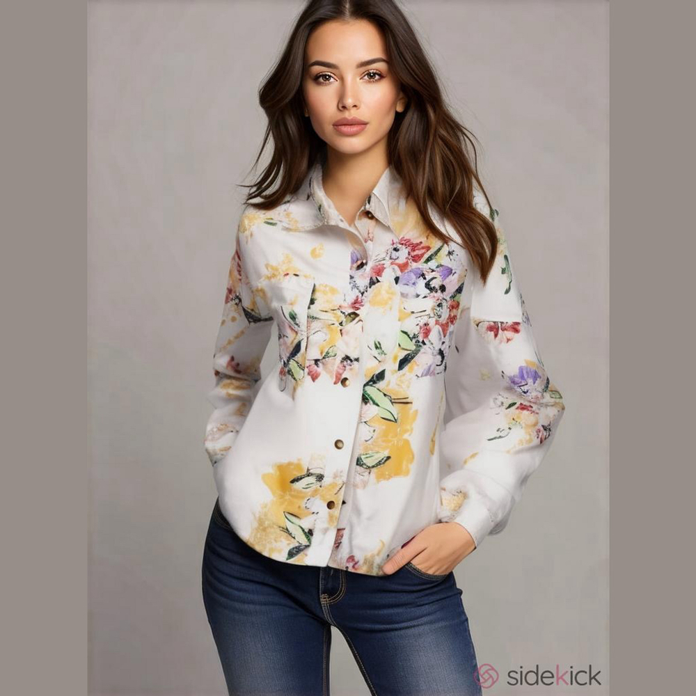 J.NNA Floral Denim Button Down Shacket Size Large